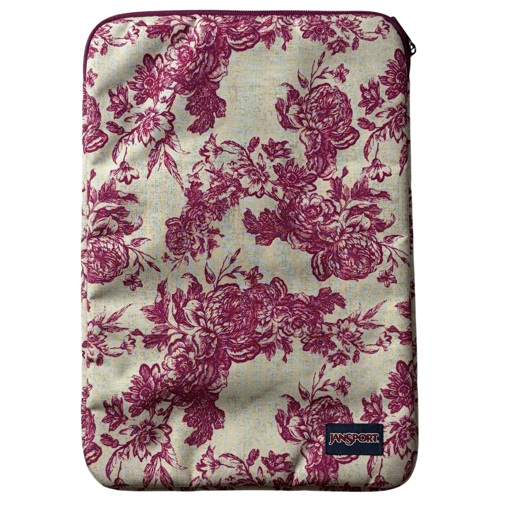 JanSport Floral Laptop Sleeve Case Pink Cream Padded Zip Protective Cover 9x14